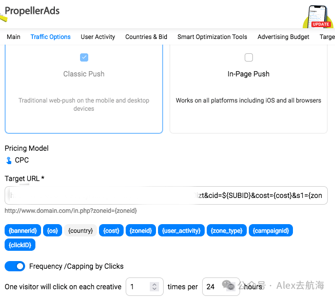 PropellerAds广告类型设置界面